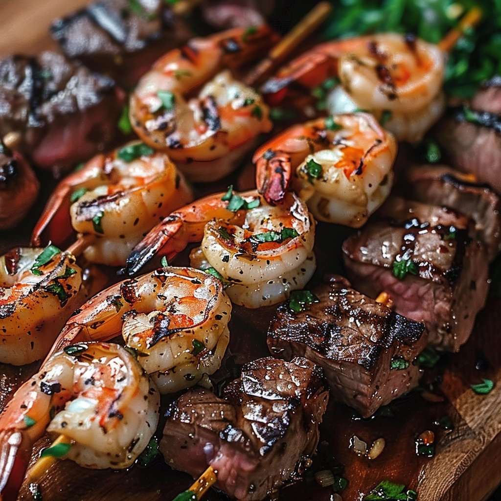 Grilled Steak and Shrimp Skewers with Garlic Butter Sauce 4 Grilled Steak and Shrimp Skewers with Garlic Butter Sauce