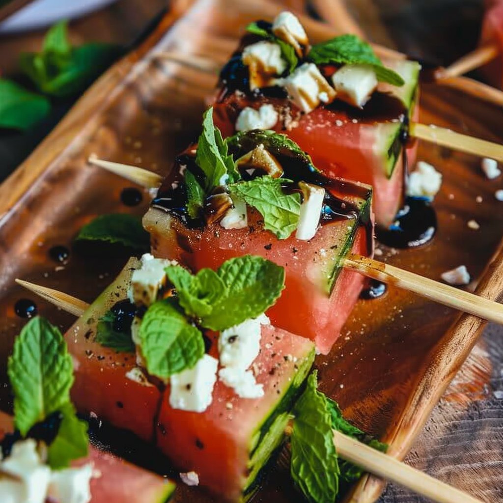Watermelon Skewers with Feta, Mint, and Balsamic Glaze 4 Watermelon Skewers with Feta, Mint and Balsamic Glaze