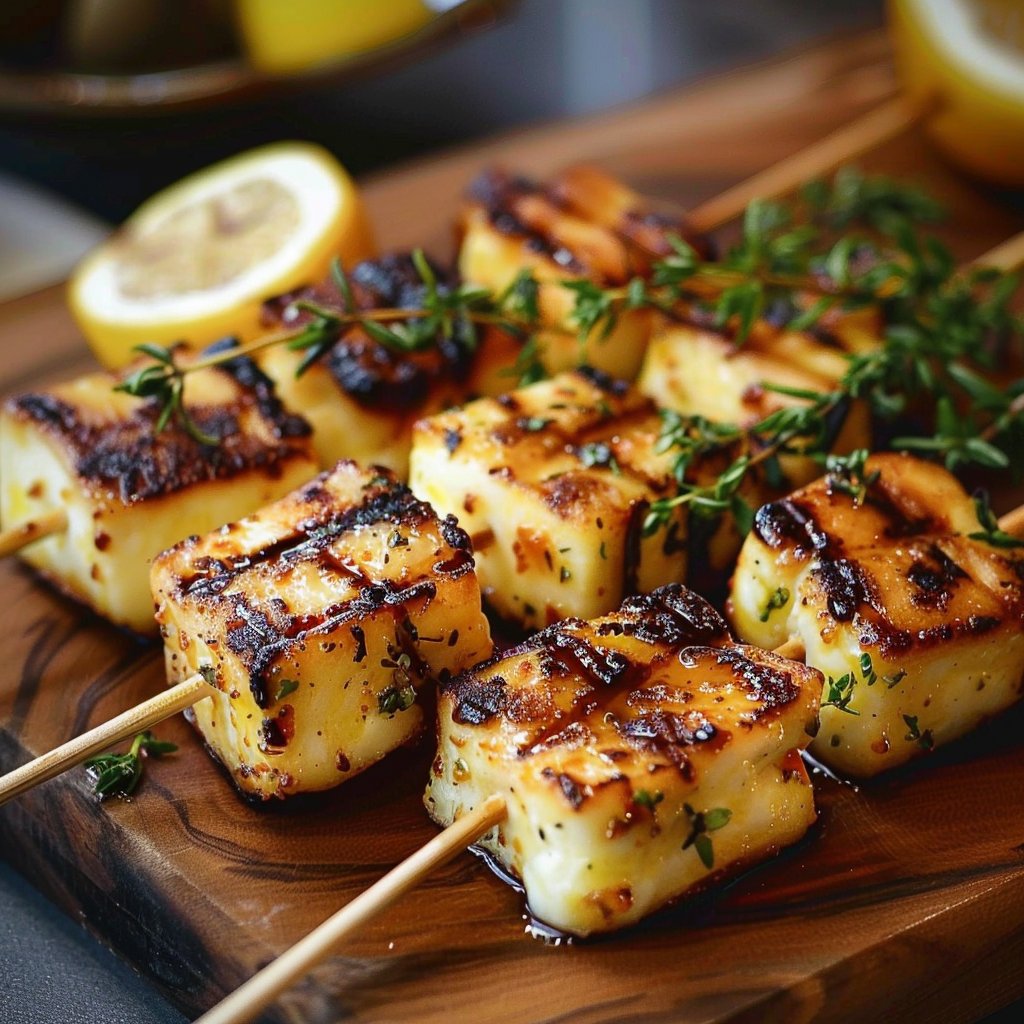 Grilled Halloumi Skewers with Lemon and Thyme 4 Grilled Halloumi Skewers with Lemon and Thyme