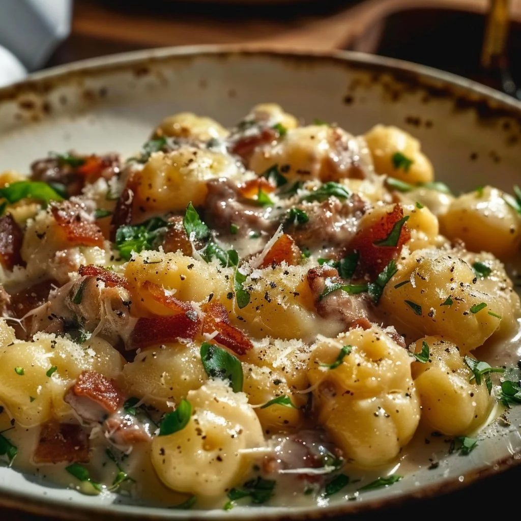 Gnocchi in Creamy Beef Carbonara Sauce 4 Gnocchi in Creamy Beef Carbonara Sauce