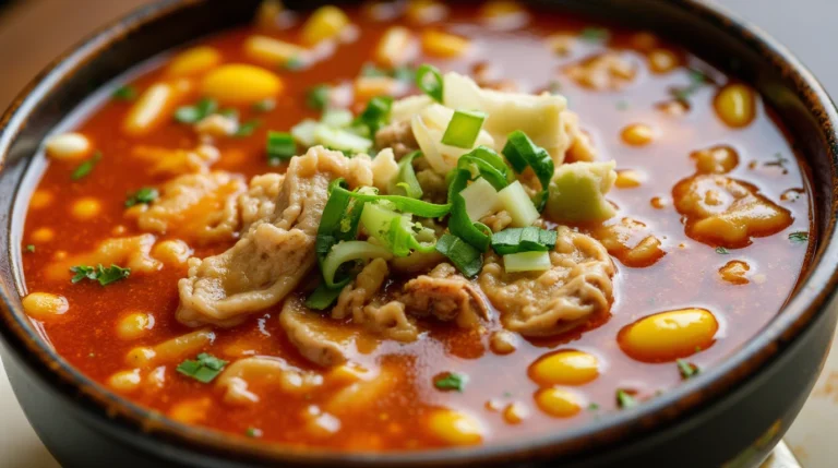 A comforting and flavorful vegetable and beef soup served in a bowl, garnished with green onions.
