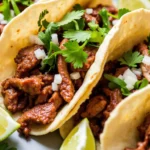 Freshly prepared Al Pastor tacos with juicy meat, garnished with cilantro, onions, and lime wedges.