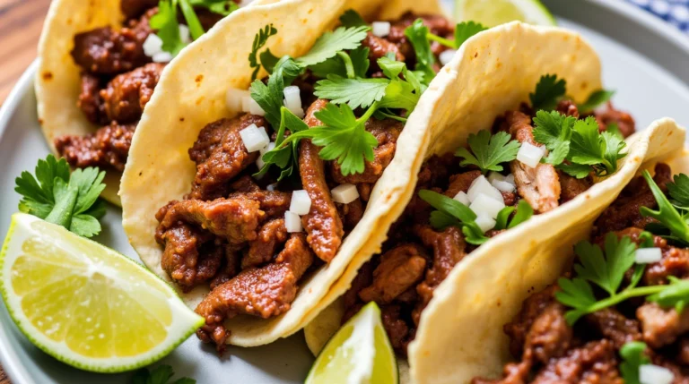 Freshly prepared Al Pastor tacos with juicy meat, garnished with cilantro, onions, and lime wedges.