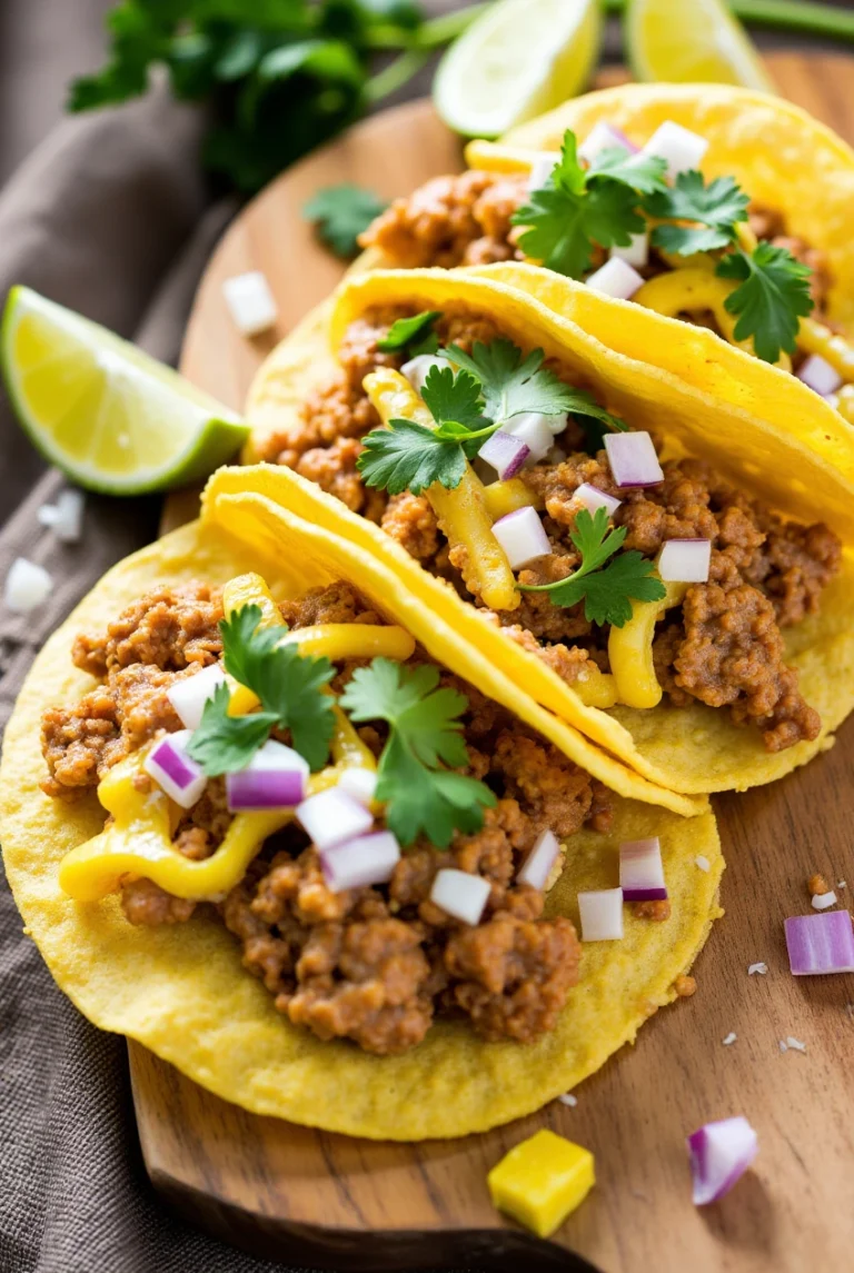Three delicious buche tacos garnished with fresh cilantro, diced onions, and lime wedges.
