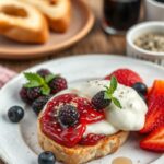 A plate of French toast topped with fresh berries, whipped cream, and drizzled with syrup
