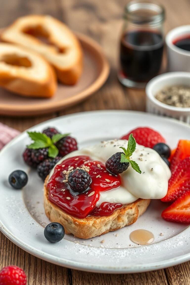 A plate of French toast topped with fresh berries, whipped cream, and drizzled with syrup