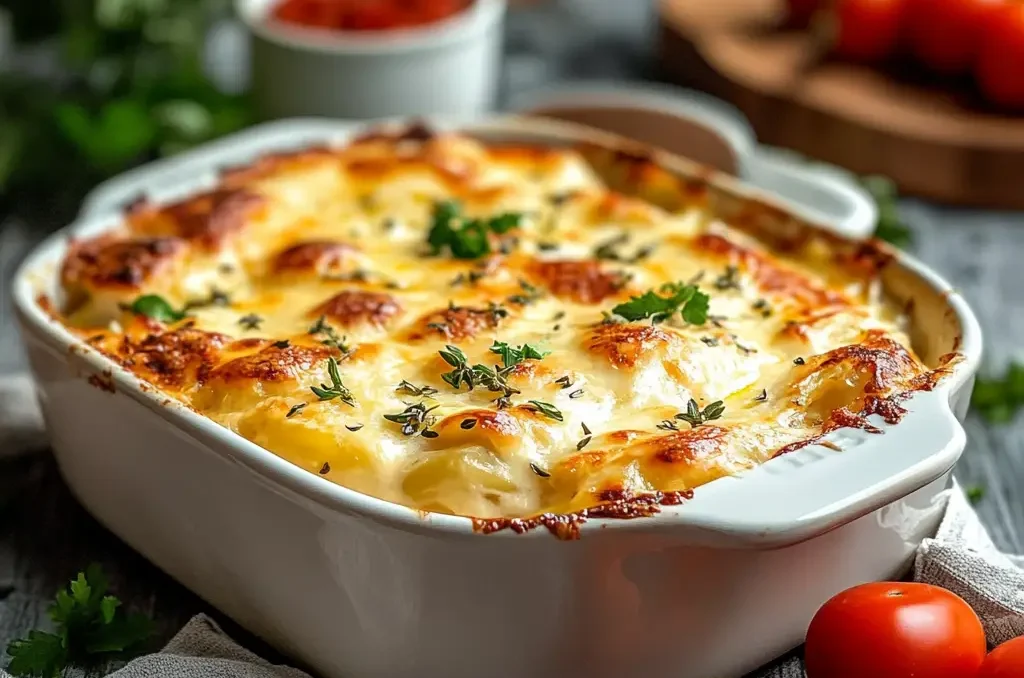 Baked Casserole Marie Blanche topped with golden cheese and herbs in a white dish