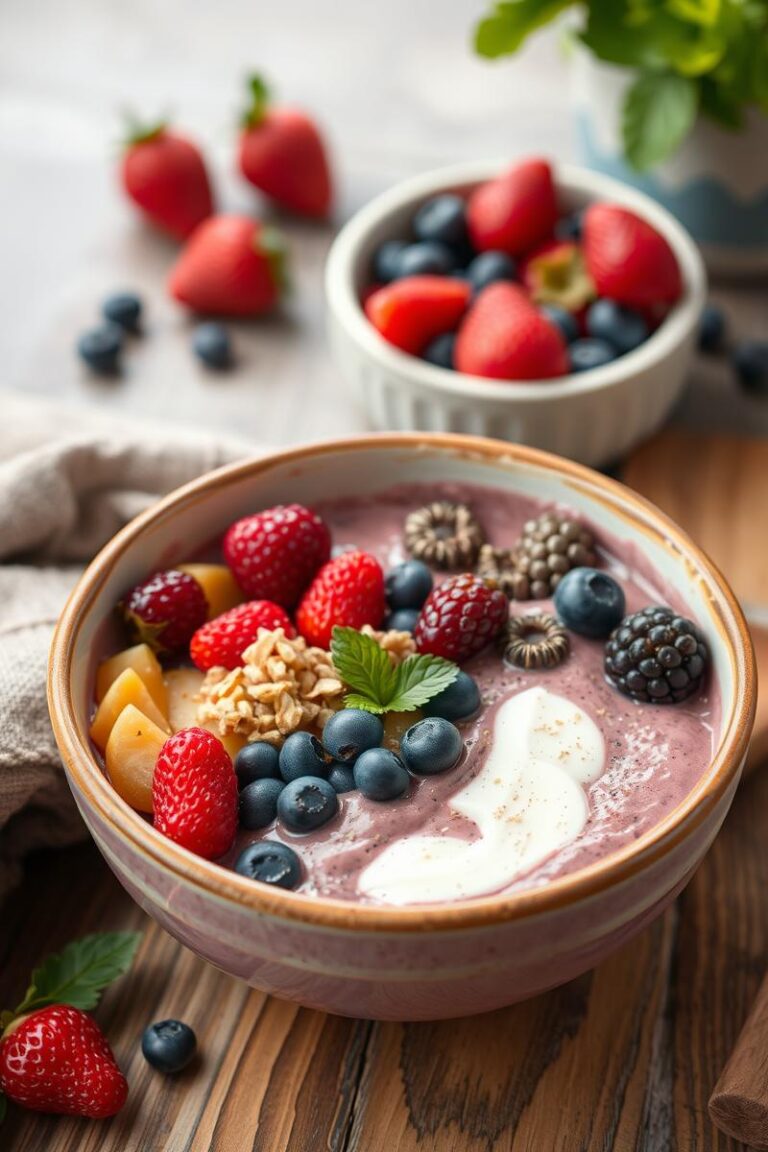 Smoothie bowl with berries and granola.