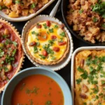 Overhead view of several home-cooked meals, showcasing freshness and variety.