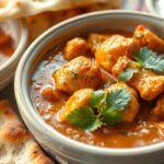 The accompanying naan bread should be golden and slightly charred, providing a complementary ure and color to the scene.