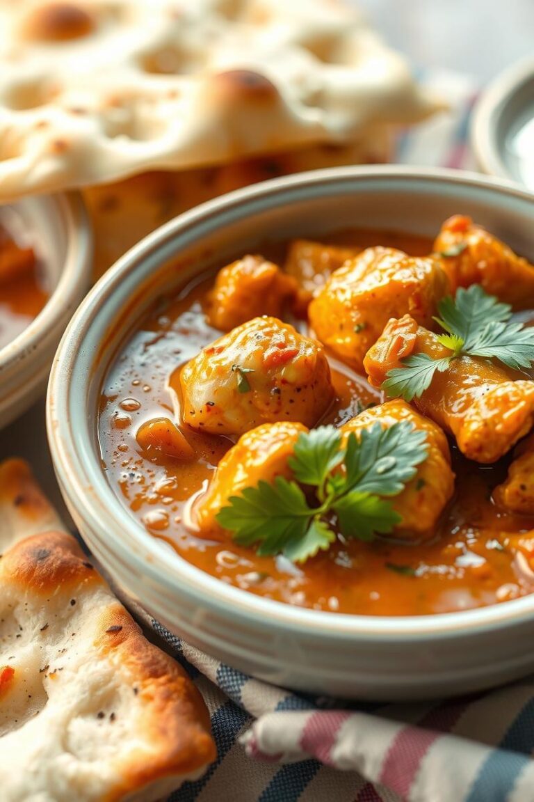 The accompanying naan bread should be golden and slightly charred, providing a complementary ure and color to the scene.