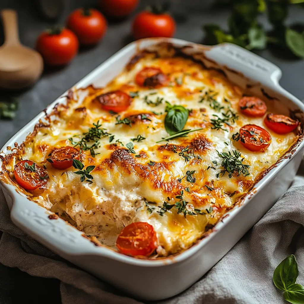 Baked Casserole Marie Blanche topped with golden cheese, tomatoes, and herbs in a white dish