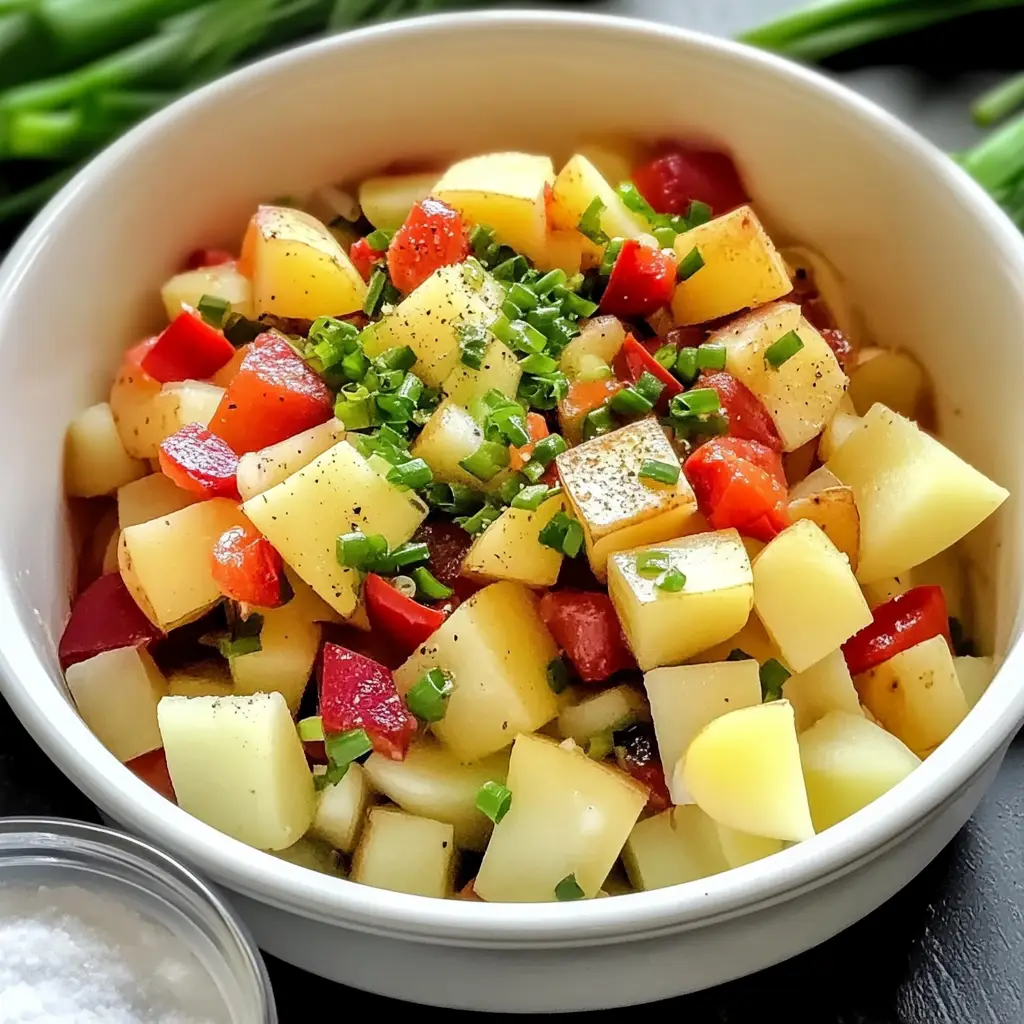 Healthy Potato Salad with Tomatoes and Chives in a White Bowl\
