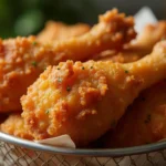 Close-up of crispy, juicy air-fried chicken pieces.