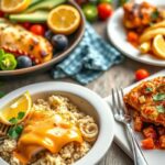 An assortment of chicken dishes including grilled chicken with mango salsa, chicken fajitas, and baked chicken parmesan served on a rustic wooden table with fresh herbs and colorful ingredients.