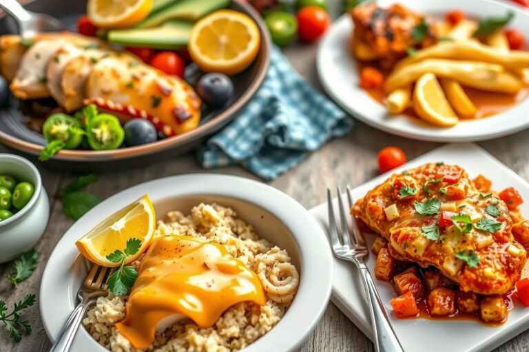 An assortment of chicken dishes including grilled chicken with mango salsa, chicken fajitas, and baked chicken parmesan served on a rustic wooden table with fresh herbs and colorful ingredients.