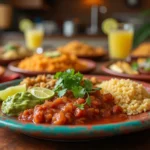 A beautifully arranged dinner table featuring tacos, enchiladas, rice, beans, guacamole, salsa, and fajitas on colorful Mexican plates.