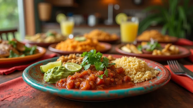 A beautifully arranged dinner table featuring tacos, enchiladas, rice, beans, guacamole, salsa, and fajitas on colorful Mexican plates.