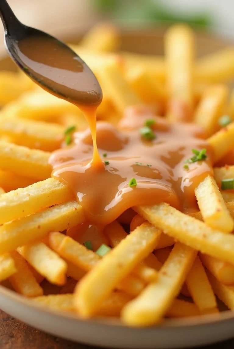 Golden french fries with homemade sweet onion sauce