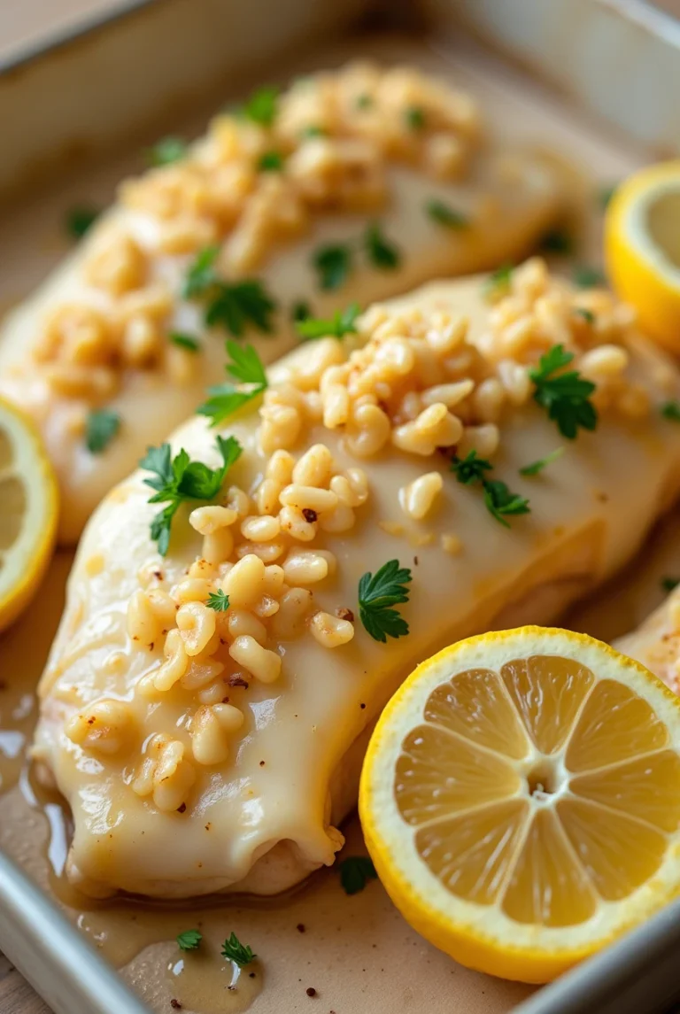 Close-up of Lemon Garlic Parmesan Baked Cod, showcasing its flaky texture and delicious topping.