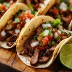 Grilled beef tripas tacos served with onions and lime
