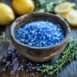 A close up image showcasing a bowl with blue salt.