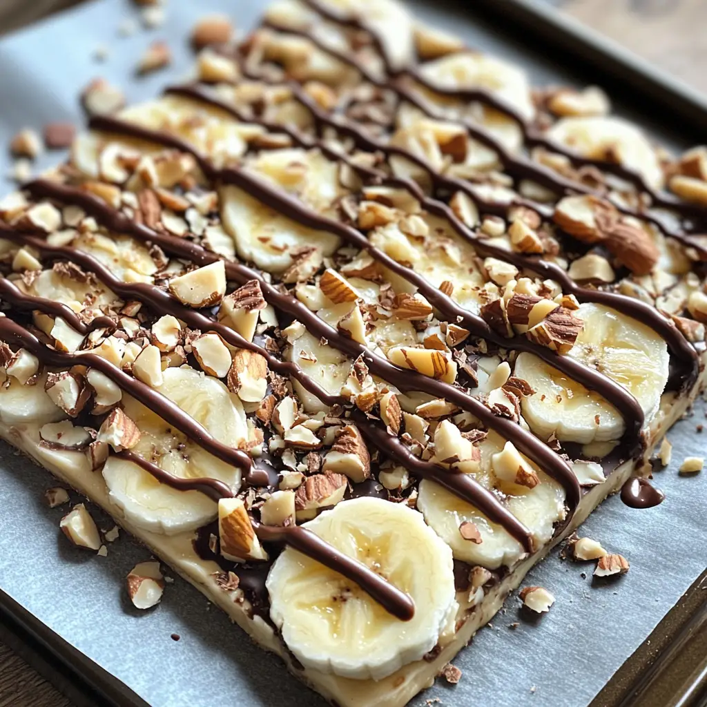 Frozen peanut butter banana yogurt bark with chocolate and banana