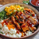 Delicious BBQ chicken cottage cheese bowl topped with fresh herbs and spices.