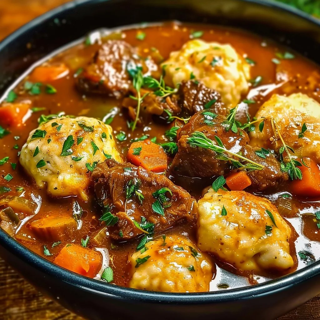 Delicious beef stew with fluffy dumplings in a bowl