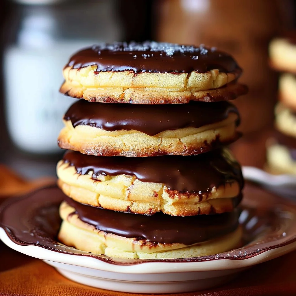 Boston Cream Pie Cookies with chocolate ganache and cream filling