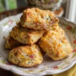 Plate of Cheddar Ham Protein Biscuits with melted cheese and diced ham.