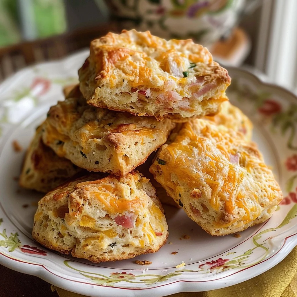 Plate of Cheddar Ham Protein Biscuits with melted cheese and diced ham.