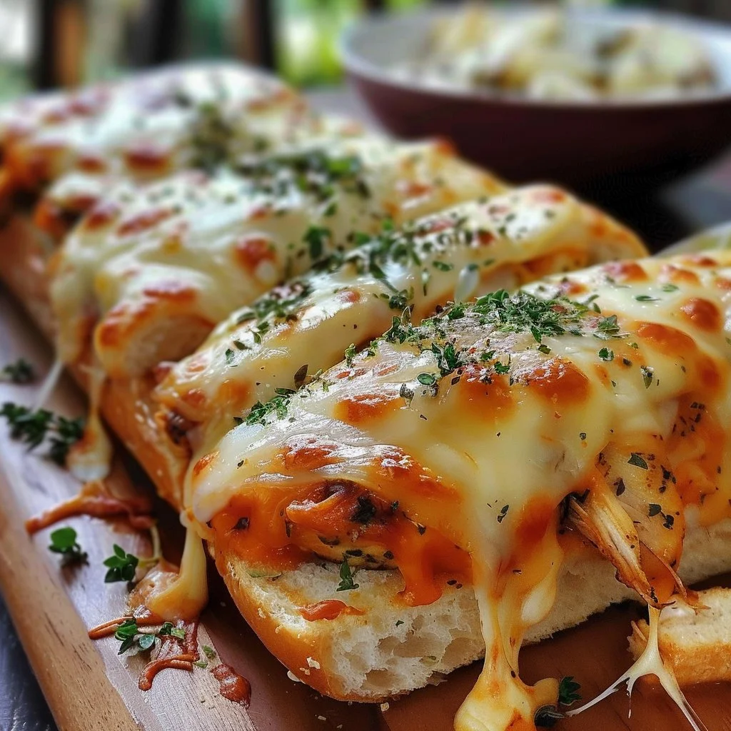 Cheesy Chicken Garlic Bread Sandwich topped with melted cheese and herbs