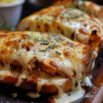 Cheesy chicken garlic bread sandwich topped with melted cheese and fresh herbs