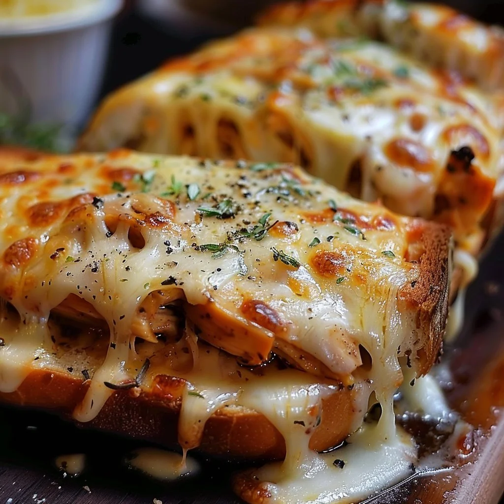 Cheesy chicken garlic bread sandwich topped with melted cheese and fresh herbs