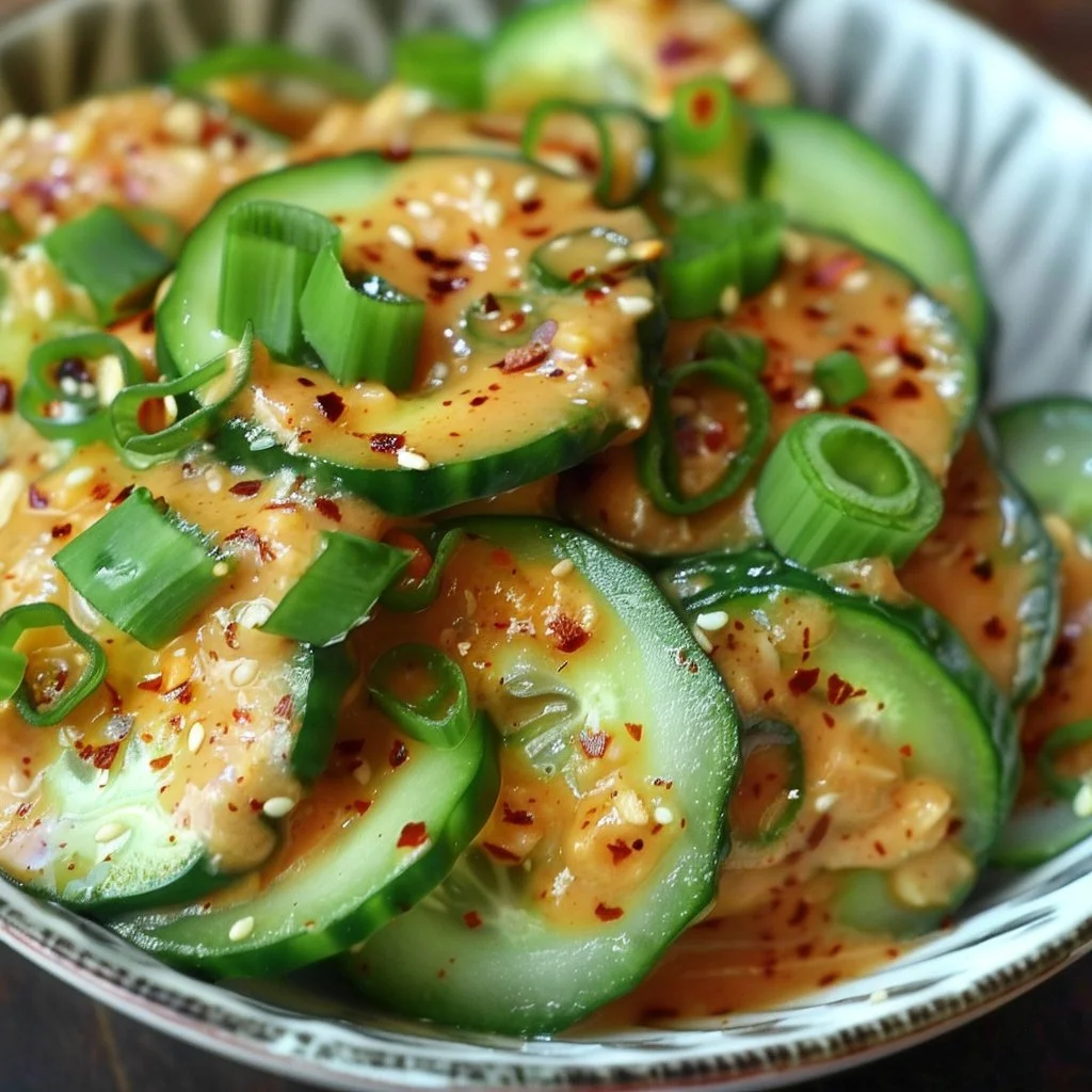 Cool cucumbers served with spicy peanut sauce for a delicious dish.