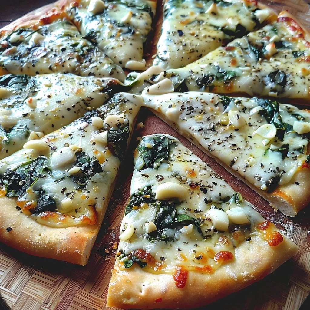 Greek Roasted Garlic Spinach White Pizza topped with fresh spinach and garlic