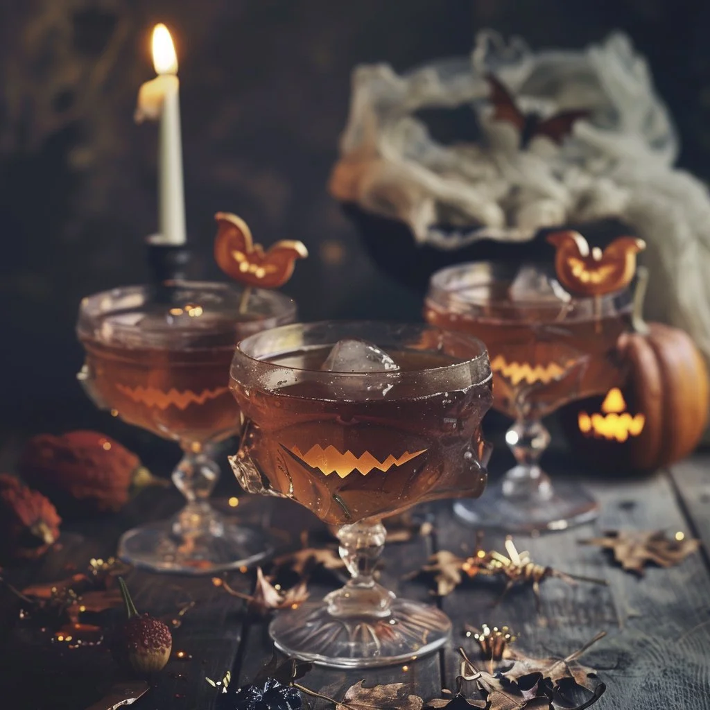 Spooky Halloween cocktails garnished with Halloween-themed decorations.