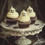 An assortment of spooky Halloween desserts including ghost cupcakes and pumpkin cookies