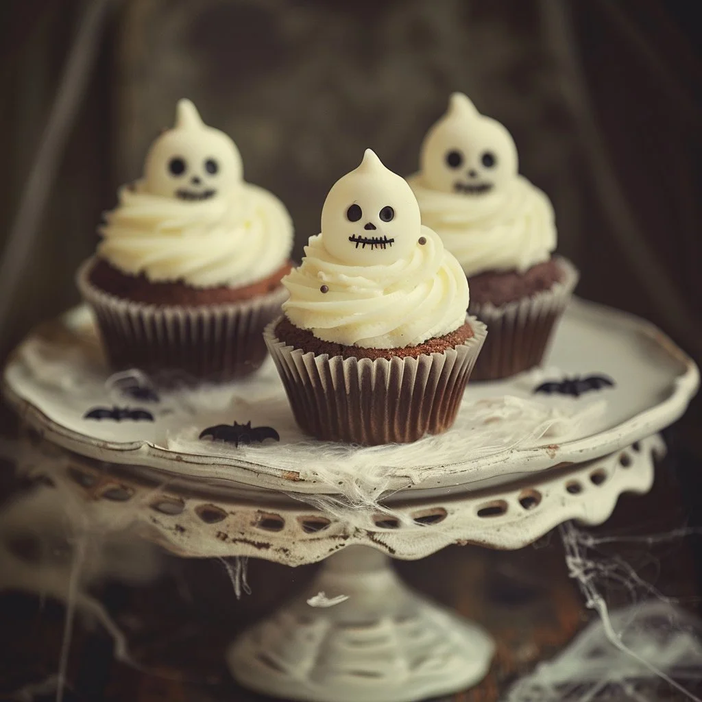 An assortment of spooky Halloween desserts including ghost cupcakes and pumpkin cookies