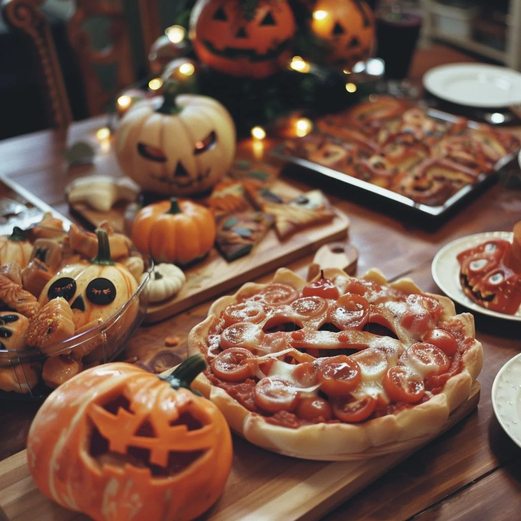 Spooky Halloween party food spread with themed treats and decorations.