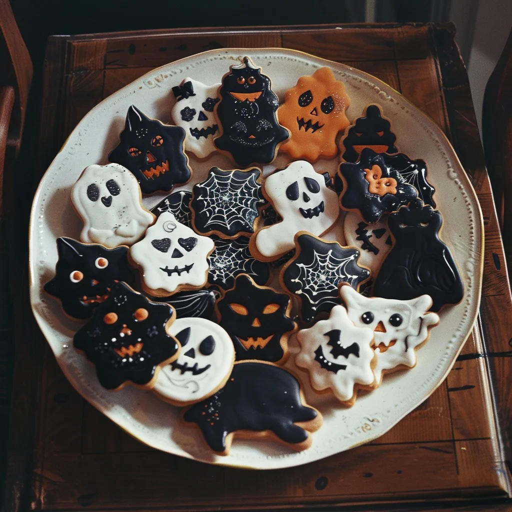 A variety of Halloween treats including spooky cookies and cupcakes