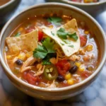 Bowl of healthy chicken tortilla soup garnished with tortilla strips and cilantro