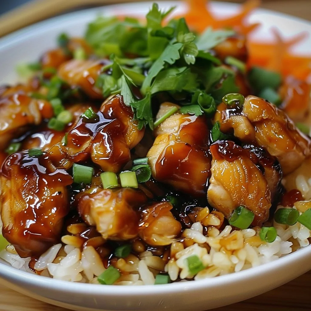 Honey BBQ Chicken served over rice, garnished with fresh herbs.