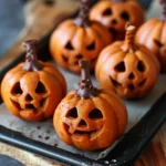 No-bake Halloween pumpkin bites on a plate decorated for Halloween.