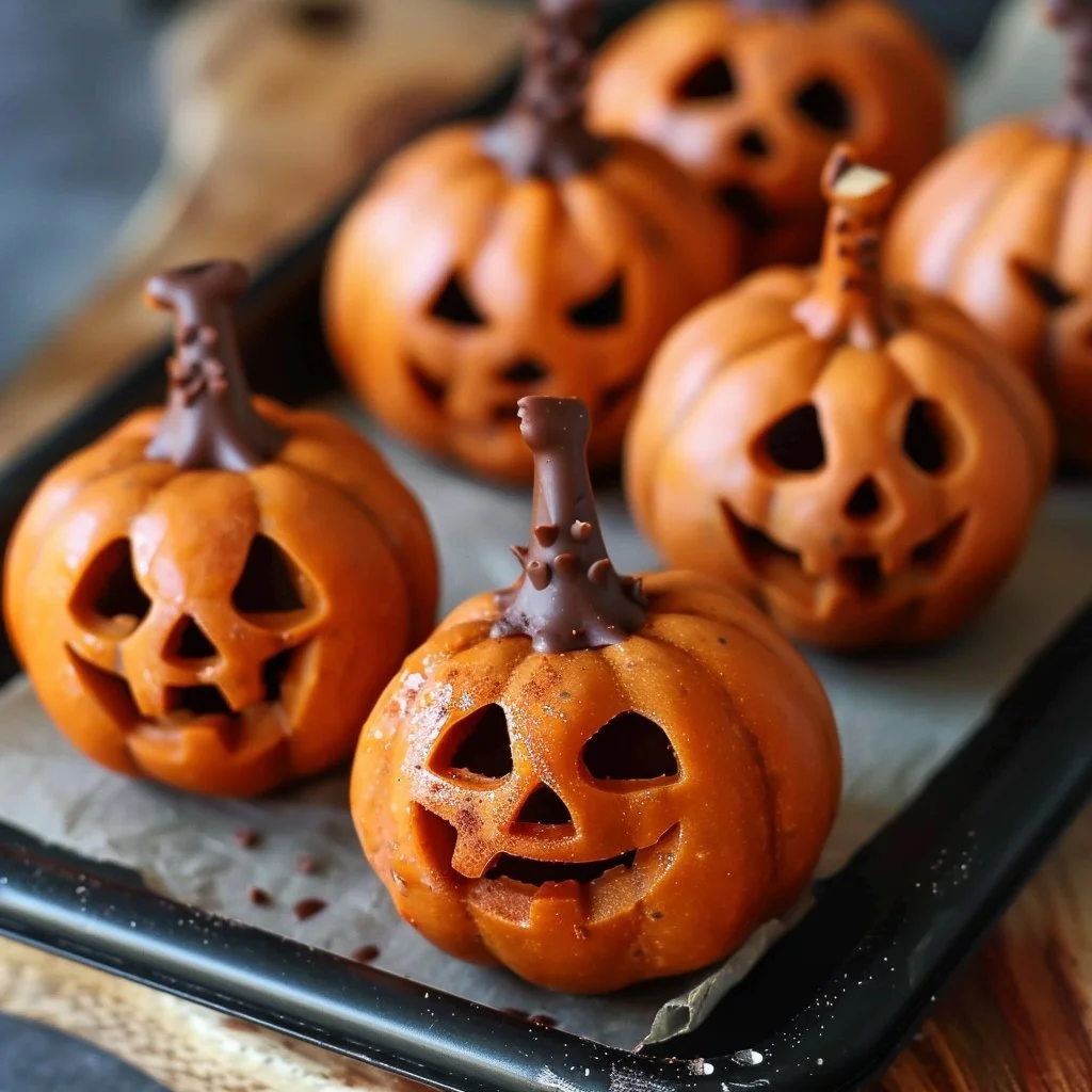 No-bake Halloween pumpkin bites on a plate decorated for Halloween.