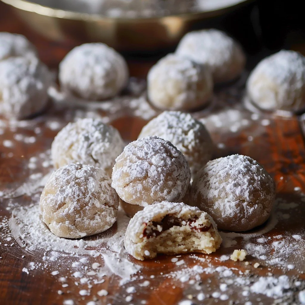 Nutella snowball cookies dusted with powdered sugar on a festive plate