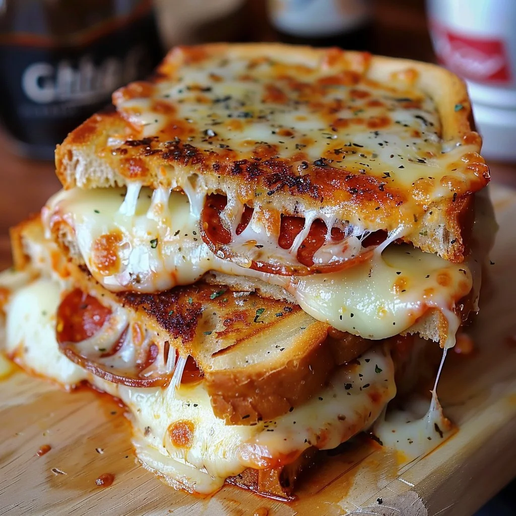 Delicious Pizza Grilled Cheese sandwich with melted cheese and toppings