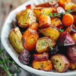 A plate of colorful roasted root vegetables including carrots, potatoes, and beets.