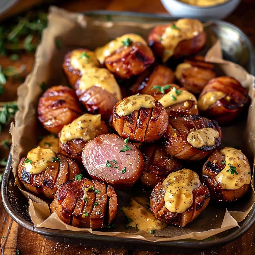 Mustard Hasselback Kielbasa Bites